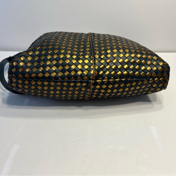 Vintage Sharif Genuine Leather Gold And Navy Woven Hobo Purse Handbag 1980s - Picture 5 of 5